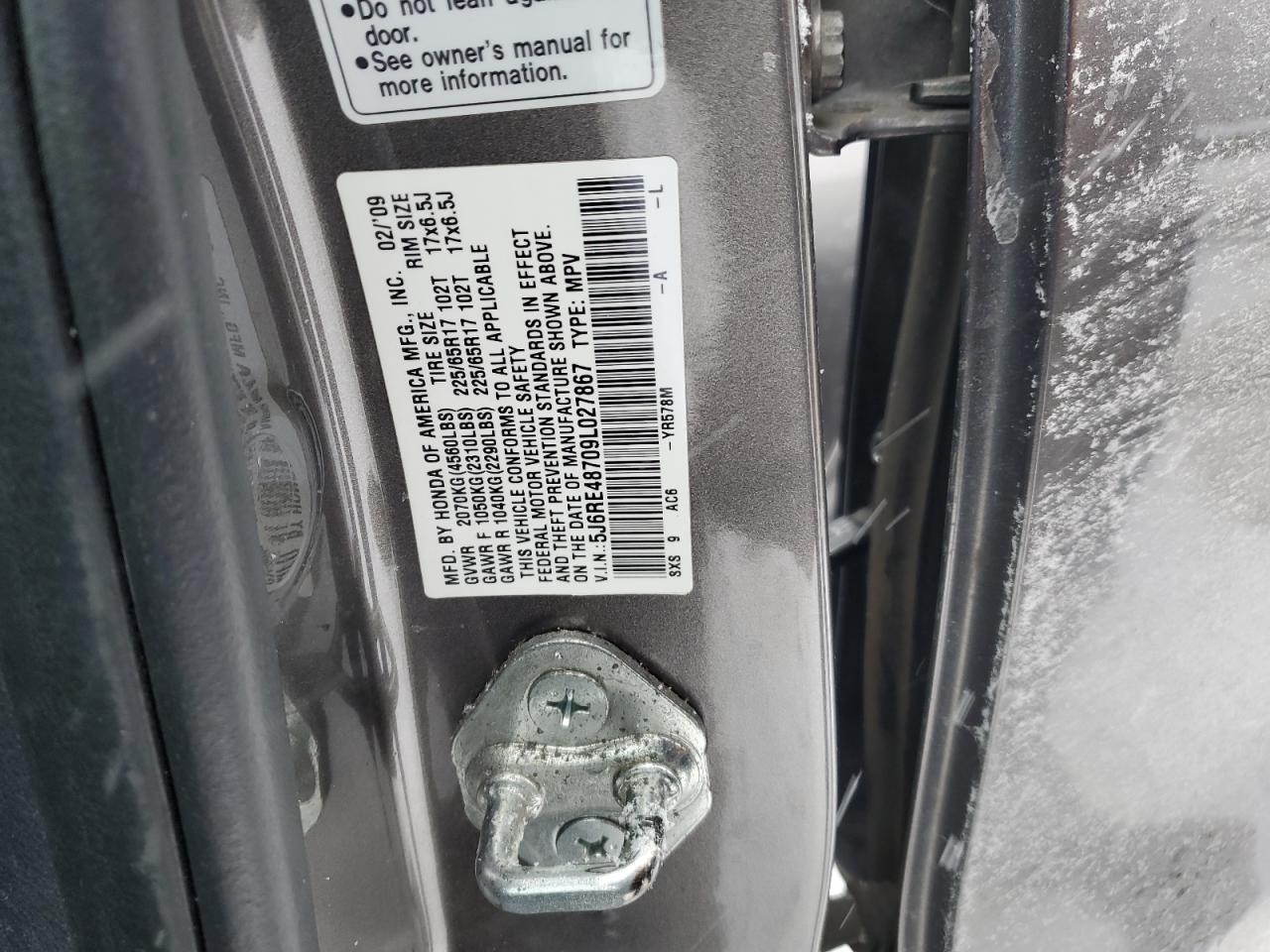 2009 Honda CR-V VIN 5J6RE48709L027867 Copart auction photo, rear end damage thumbnail 14