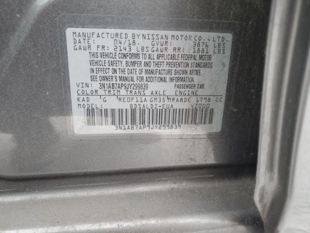 2018 Nissan Sentra VIN 3N1AB7AP9JY299839 Copart auction photo, rear end damage thumbnail 13