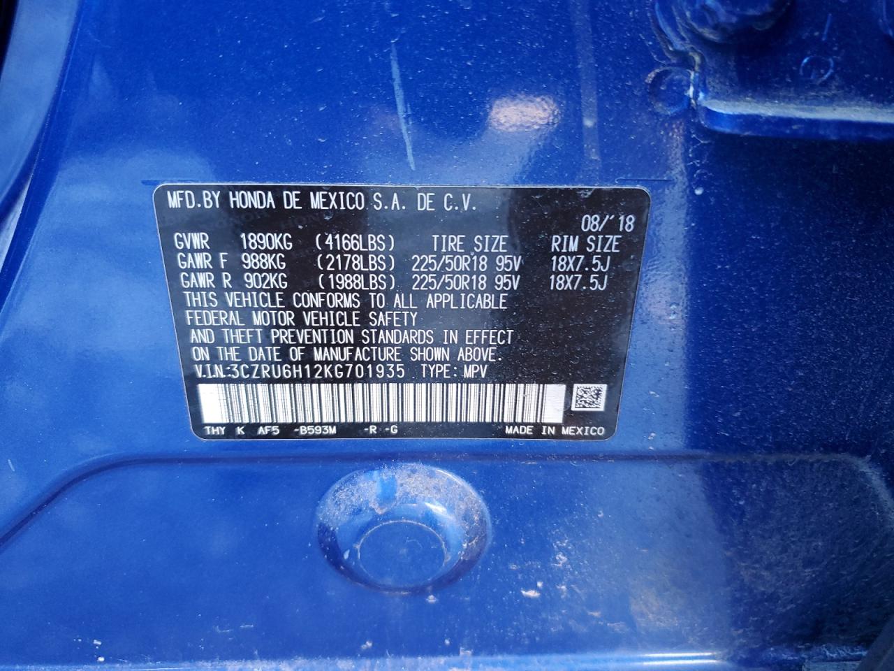 2019 Honda HR-V VIN 3CZRU6H12KG701935 Copart auction photo, side damage thumbnail 13