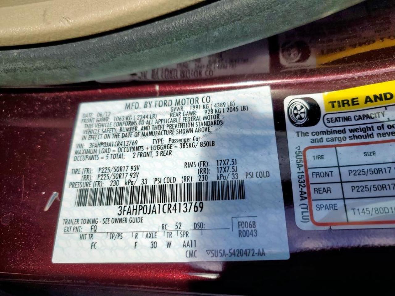 2012 Ford Fusion VIN 3FAHP0JA1CR413769 Copart auction photo, front end / minor dent/scratches damage thumbnail 12