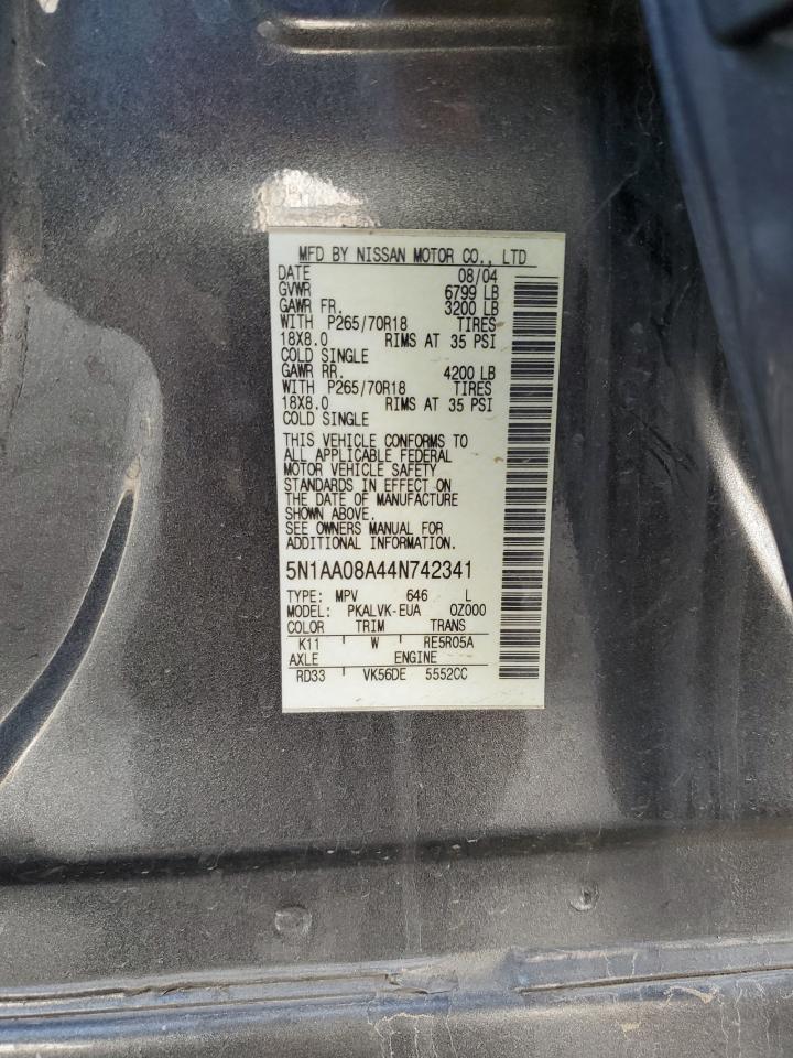 2004 Nissan Armada VIN 5N1AA08A44N742341 Copart auction photo, rear end / side damage thumbnail 13