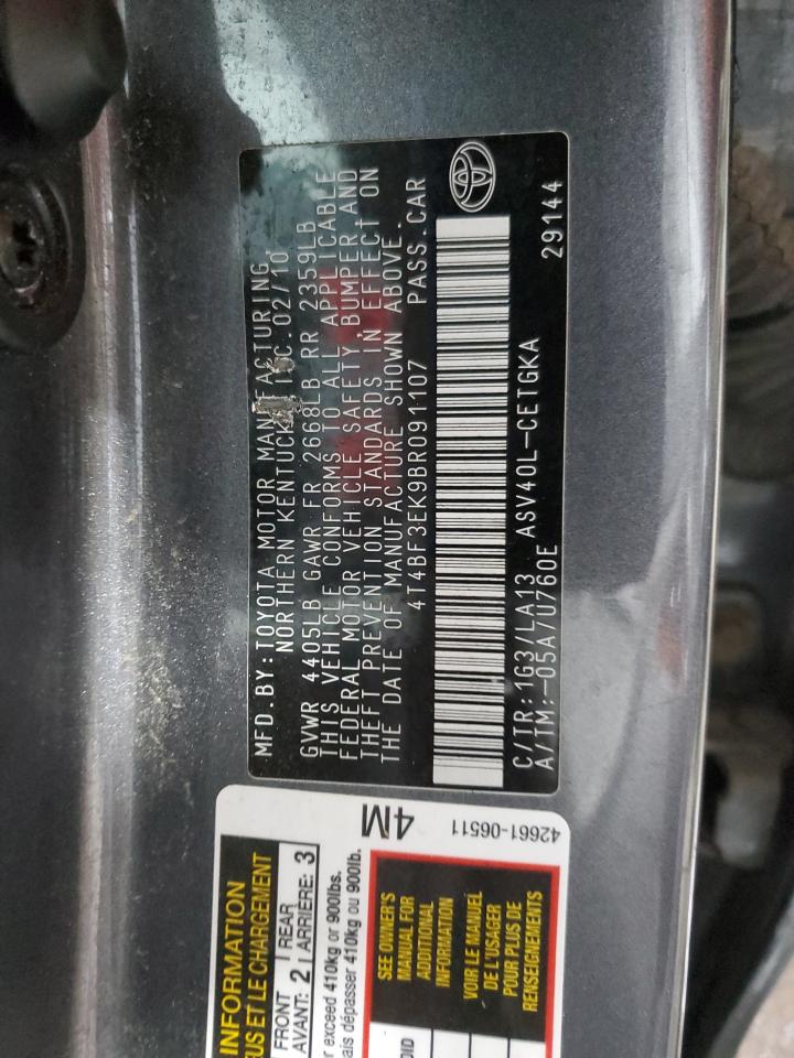 2011 Toyota Camry VIN 4T4BF3EK9BR091107 Copart auction photo, side / rear end damage thumbnail 12