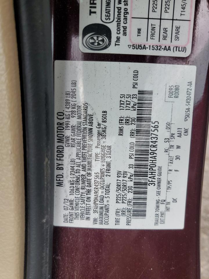 2012 Ford Fusion VIN 3FAHP0HA9CR437565 Copart auction photo, front end damage thumbnail 12