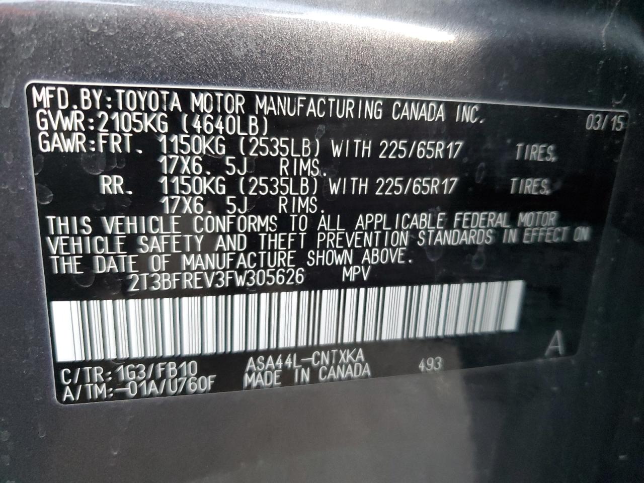 2015 Toyota RAV 4 VIN 2T3BFREV3FW305626 Copart auction photo, front end damage thumbnail 14
