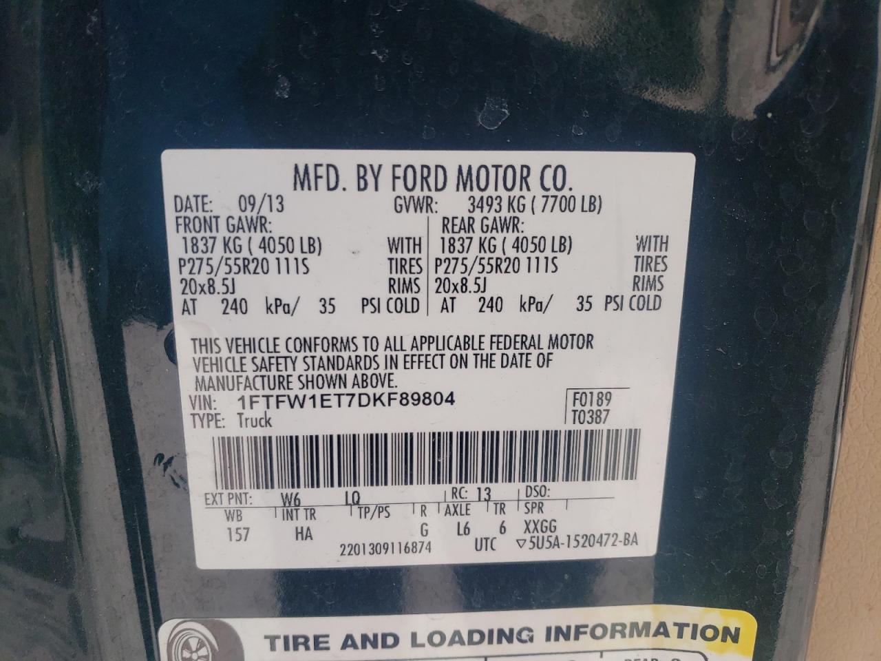 2013 Ford F-150 VIN 1FTFW1ET7DKF89804 Copart auction photo, front end / all over damage thumbnail 13