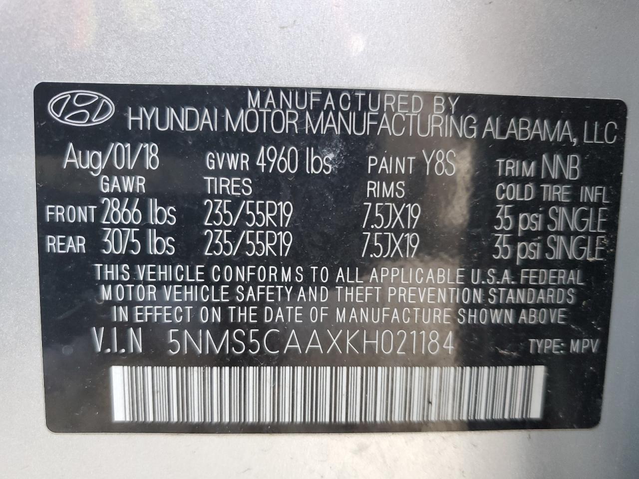 2019 Hyundai Santa Fe VIN 5NMS5CAAXKH021184 Copart auction photo, rear end / side damage thumbnail 13
