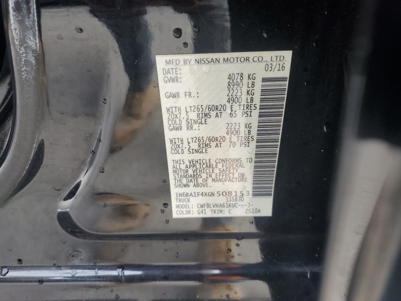 2016 Nissan Titan VIN 1N6BA1F4XGN508153 Copart auction photo, vandalism damage thumbnail 12