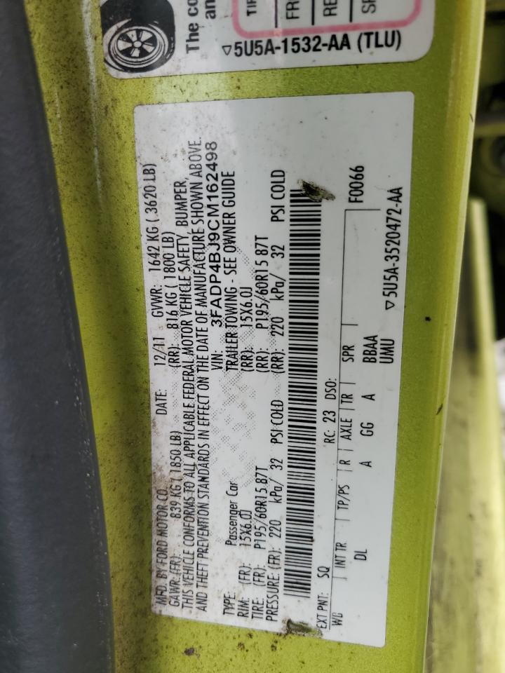 2012 Ford Fiesta VIN 3FADP4BJ9CM162498 Copart auction photo, burn damage thumbnail 12