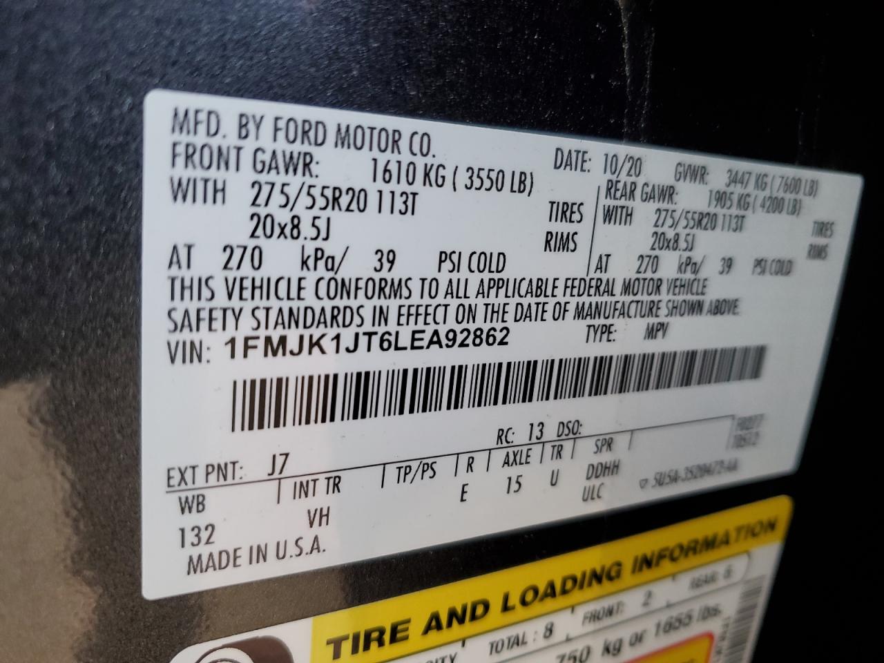2020 Ford Expedition VIN 1FMJK1JT6LEA92862 Copart auction photo, front end damage thumbnail 13