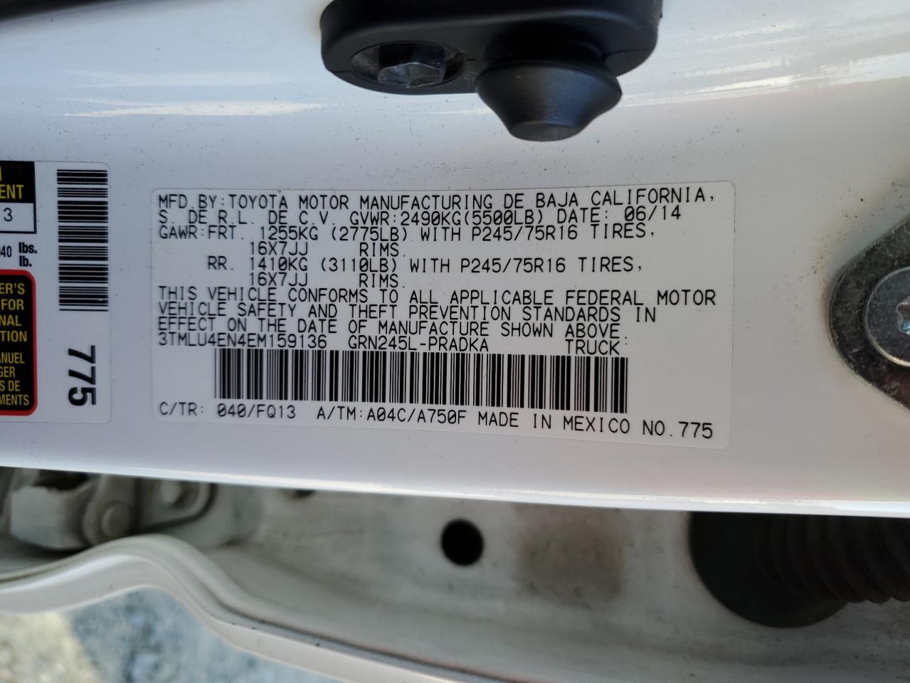 2014 Toyota Tacoma VIN 3TMLU4EN4EM159136 Copart auction photo, rear end / front end damage thumbnail 12