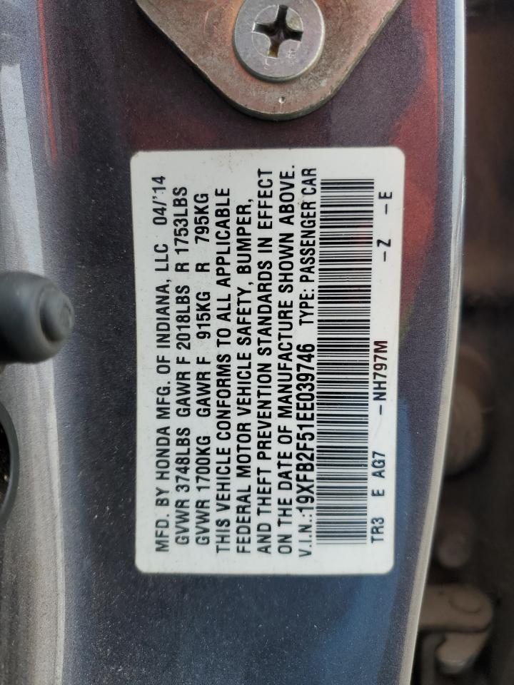 2014 Honda Civic VIN 19XFB2F51EE039746 Copart auction photo, rear end / front end damage thumbnail 13