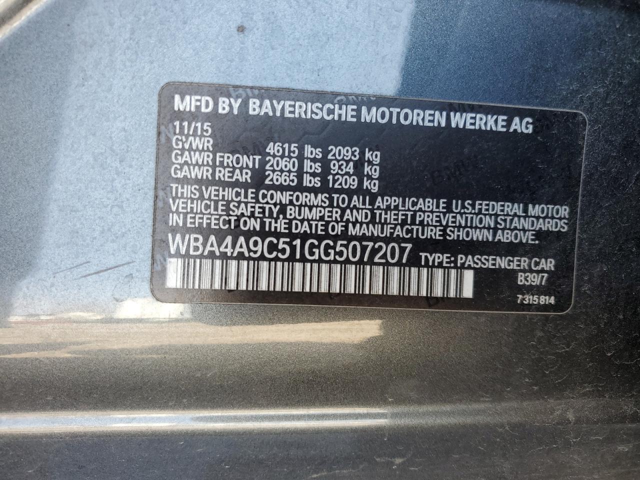 2016 BMW 4er VIN WBA4A9C51GG507207 Copart auction photo, front end / minor dent/scratches damage thumbnail 12