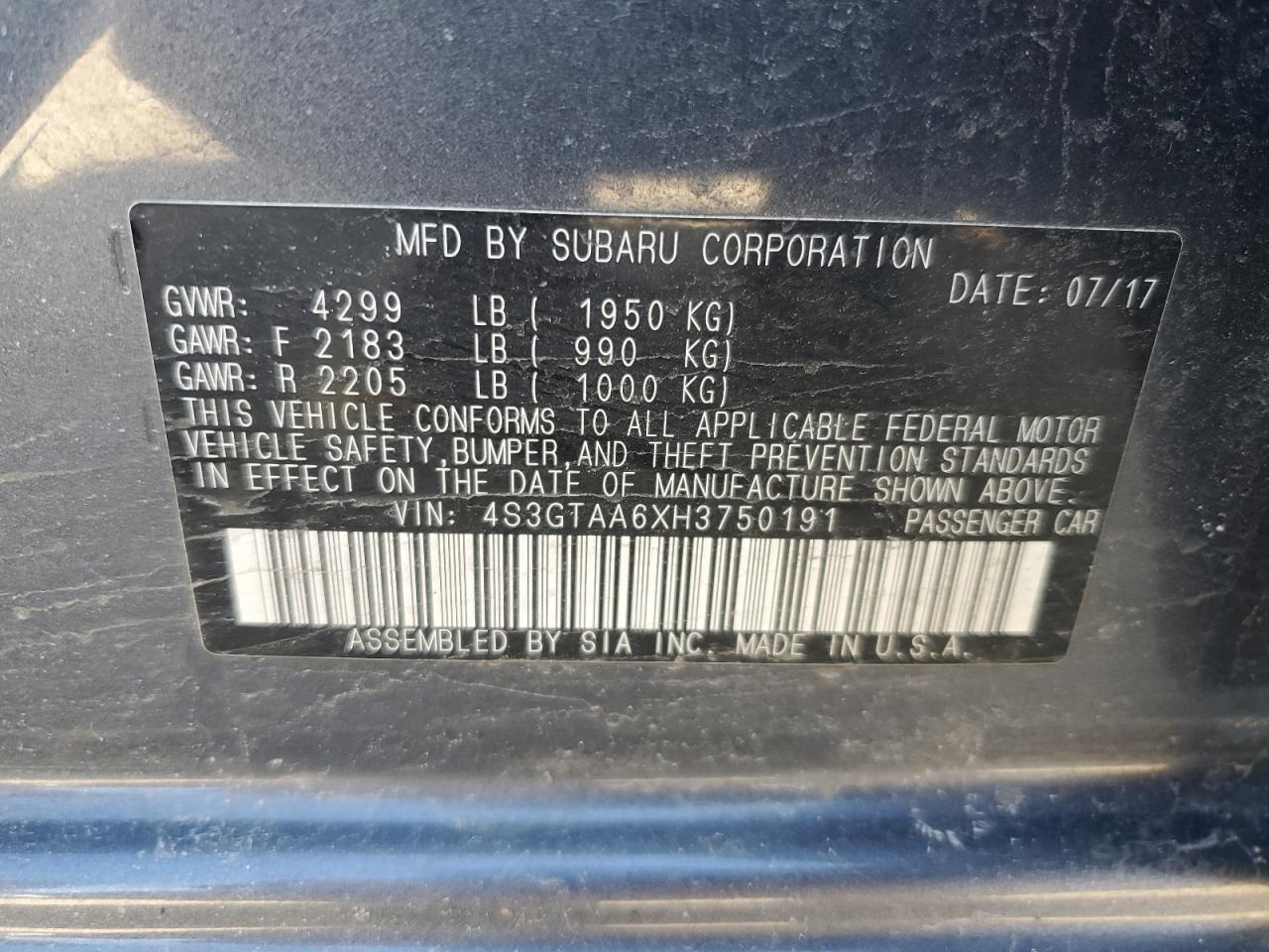 2017 Subaru Impreza VIN 4S3GTAA6XH3750191 Copart auction photo, rear end / side damage thumbnail 12