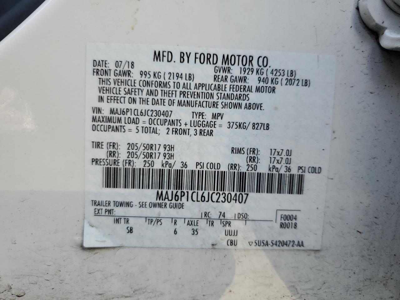 2018 Ford EcoSport VIN MAJ6P1CL6JC230407 Copart auction photo, front end damage thumbnail 14