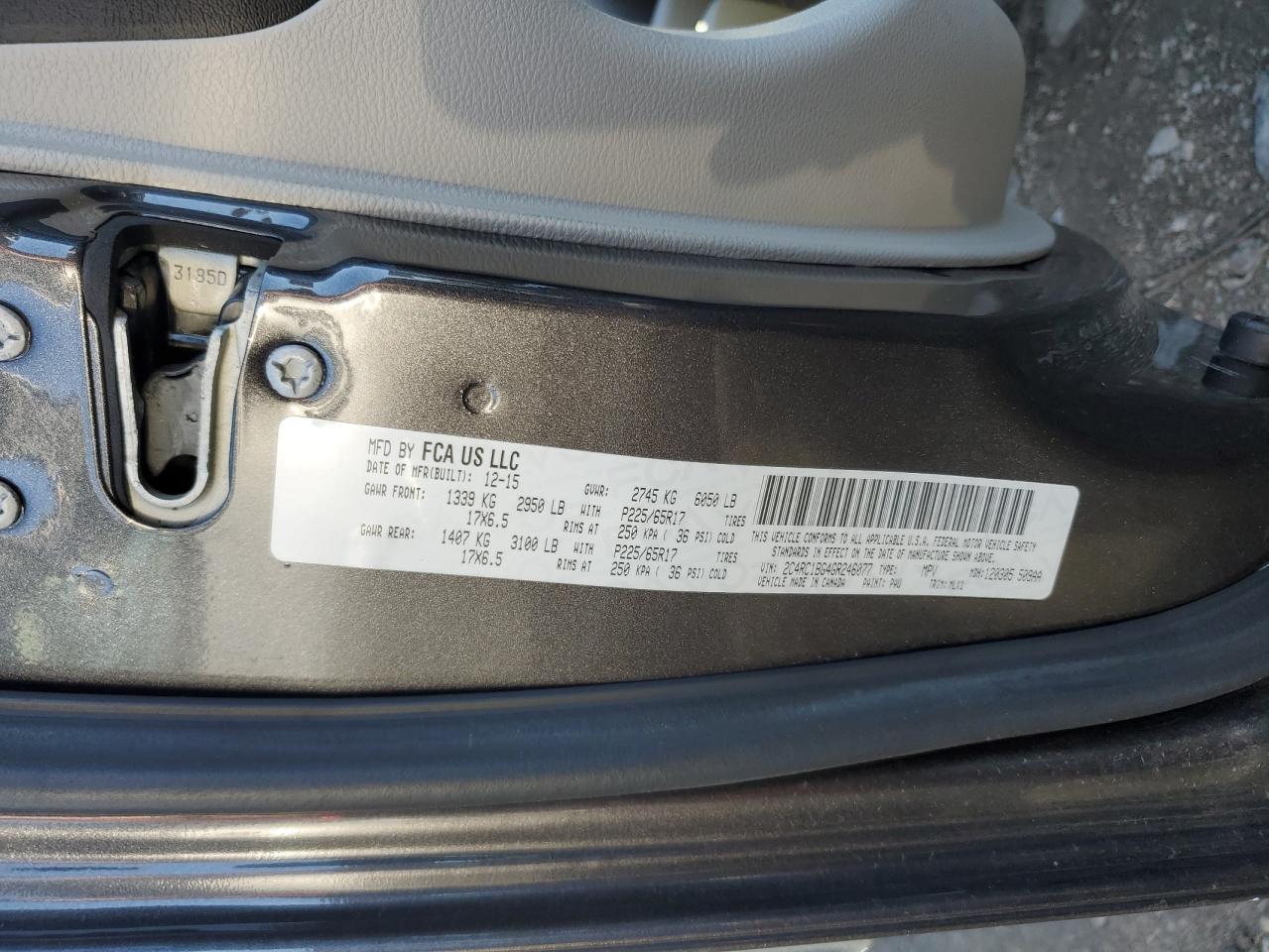 2016 Chrysler Town & Country VIN 2C4RC1BG4GR246077 Copart auction photo, front end damage thumbnail 13