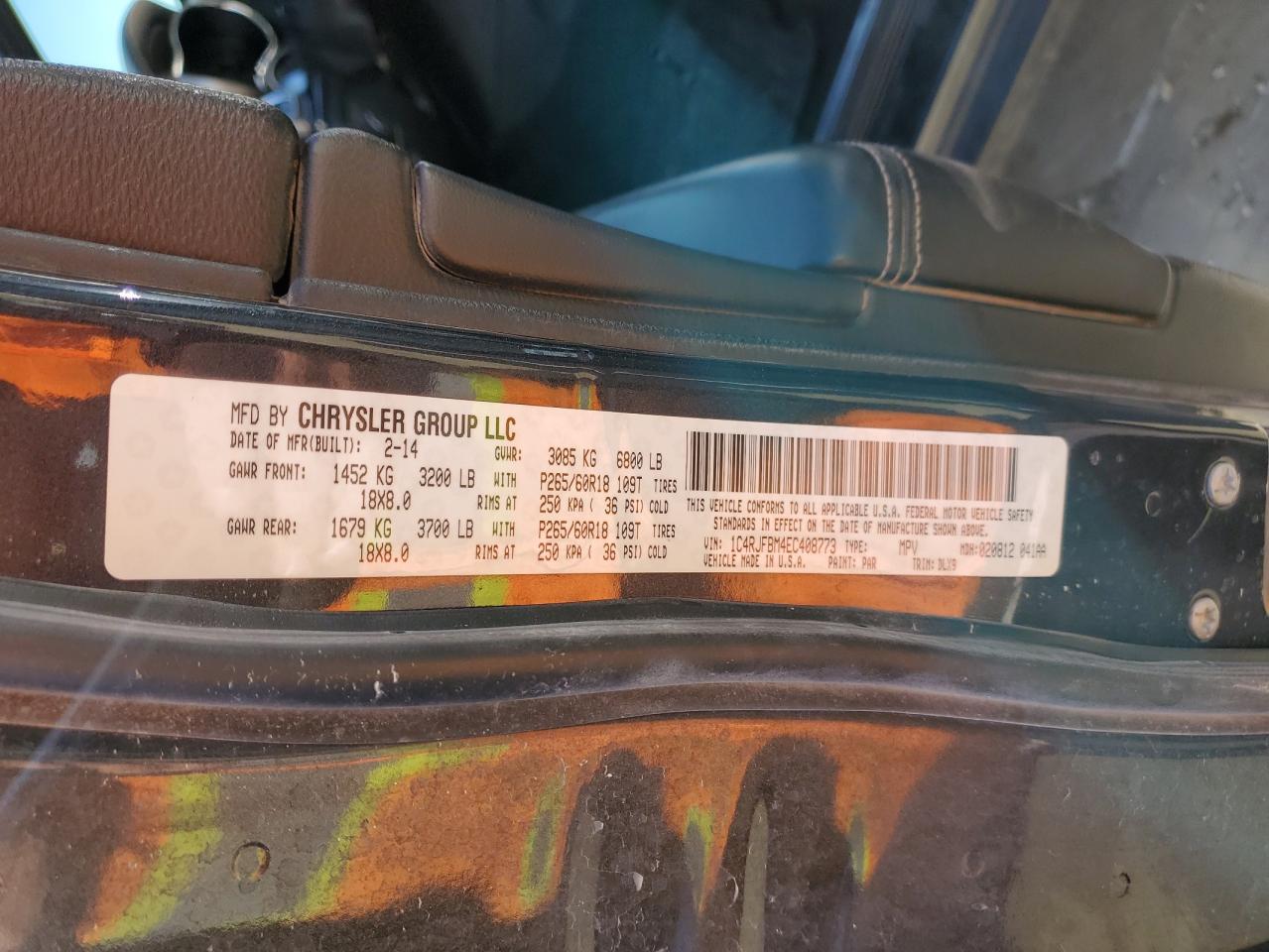 2014 Jeep Grand Cherokee VIN 1C4RJFBM4EC408773 Copart auction photo, front end / mechanical damage thumbnail 15