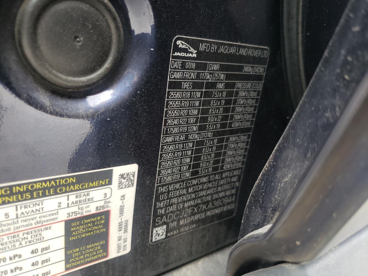 2019 Jaguar F-Pace VIN SADCJ2FX7KA360944 Copart auction photo, front end / rear end damage thumbnail 15