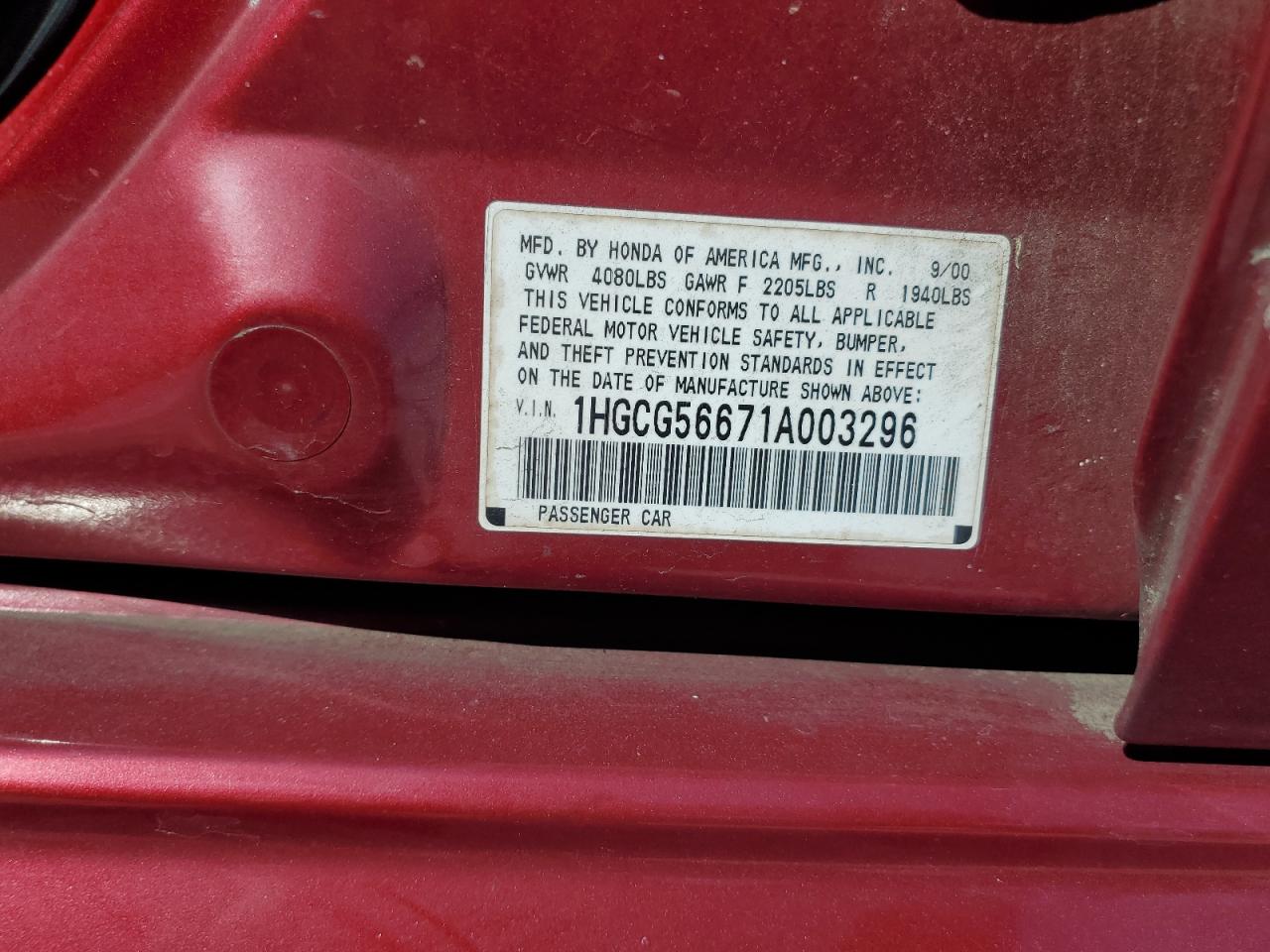 2001 Honda Accord VIN 1HGCG56671A003296 Copart auction photo, front end damage thumbnail 13