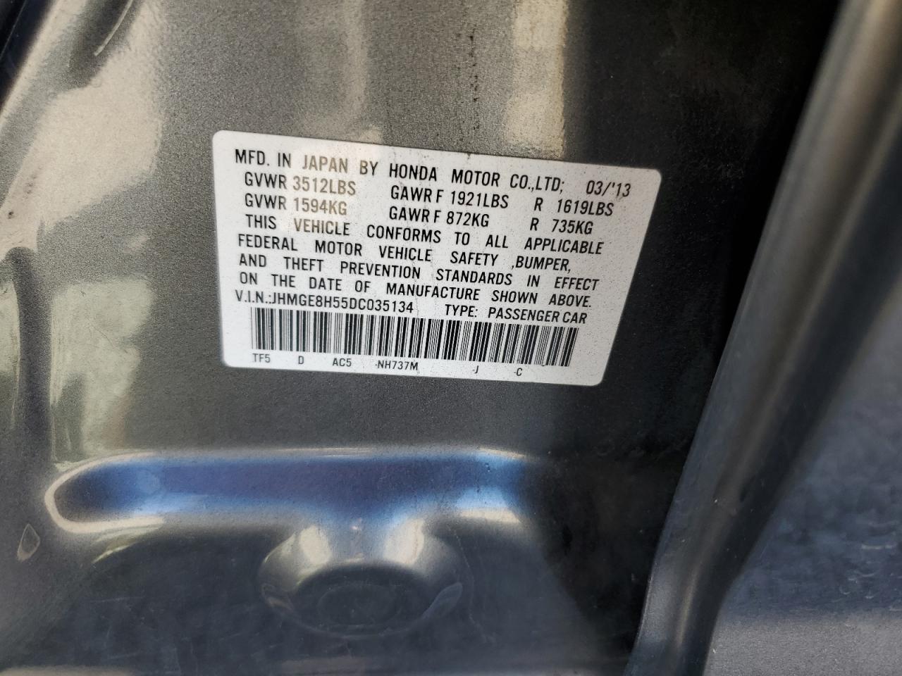 2013 Honda Fit VIN JHMGE8H55DC035134 Copart auction photo, rear end / front end damage thumbnail 15