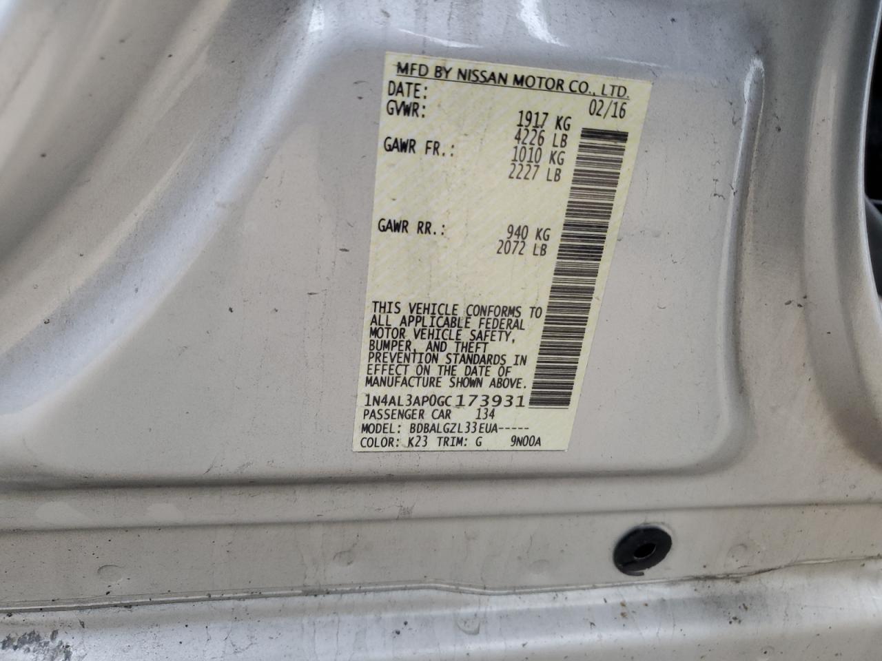 2016 Nissan Altima VIN 1N4AL3AP0GC173931 Copart auction photo, all over damage thumbnail 12