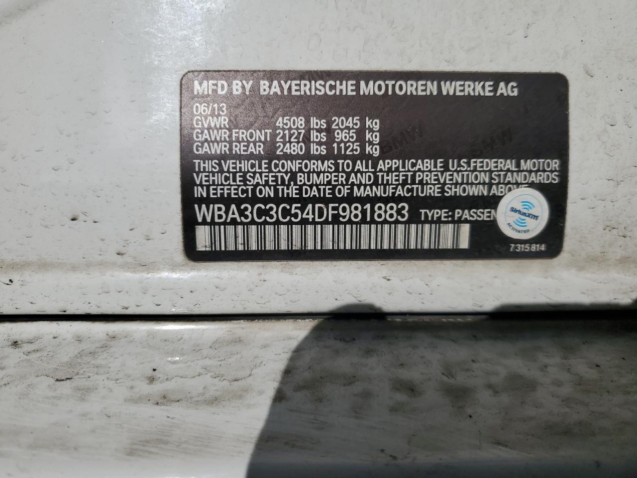 2013 BMW 3er VIN WBA3C3C54DF981883 Copart auction photo, front end damage thumbnail 12