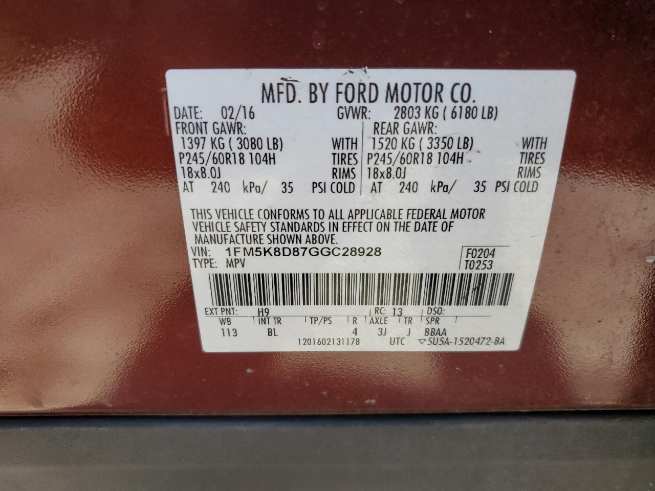 2016 Ford Explorer VIN 1FM5K8D87GGC28928 Copart auction photo, front end damage thumbnail 15