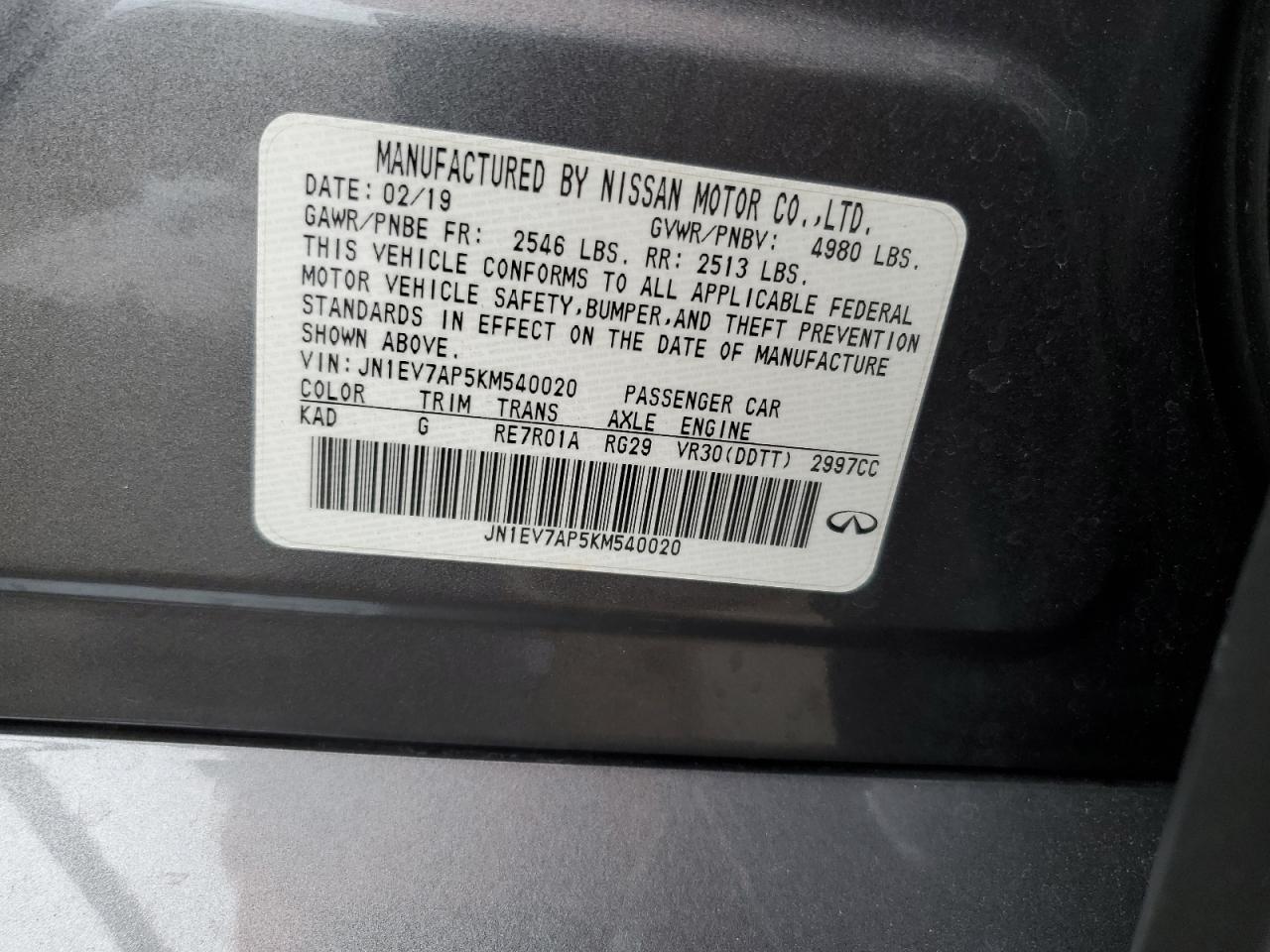 2019 Infiniti Q50 VIN JN1EV7AP5KM540020 Copart auction photo, vandalism damage thumbnail 12
