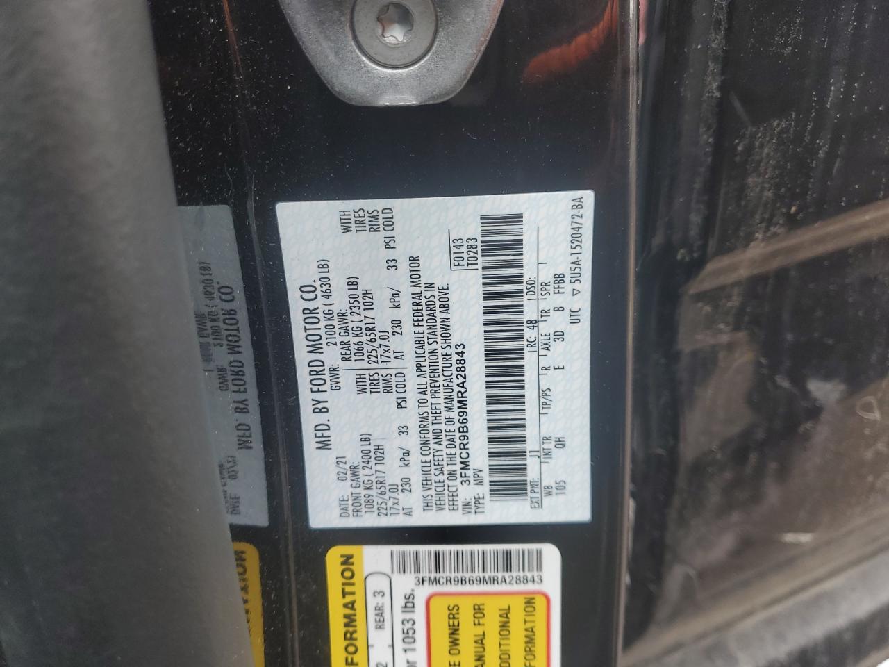 2021 Ford Bronco VIN 3FMCR9B69MRA28843 Copart auction photo, side / front end damage thumbnail 13