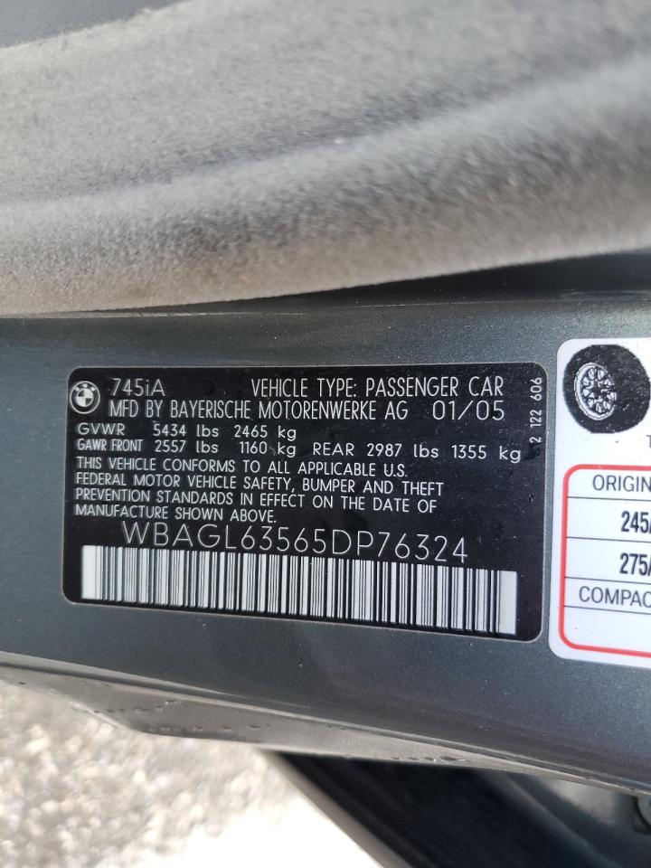 2005 BMW 7er VIN WBAGL63565DP76324 Copart auction photo, front end / minor dent/scratches damage thumbnail 12