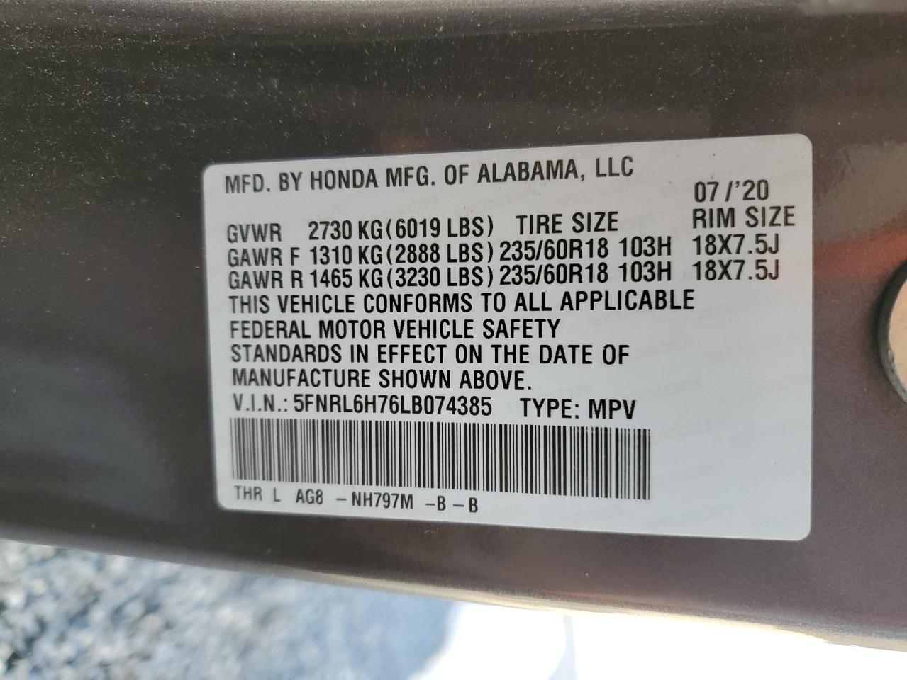 2020 Honda Odyssey VIN 5FNRL6H76LB074385 Copart auction photo, all over damage thumbnail 14