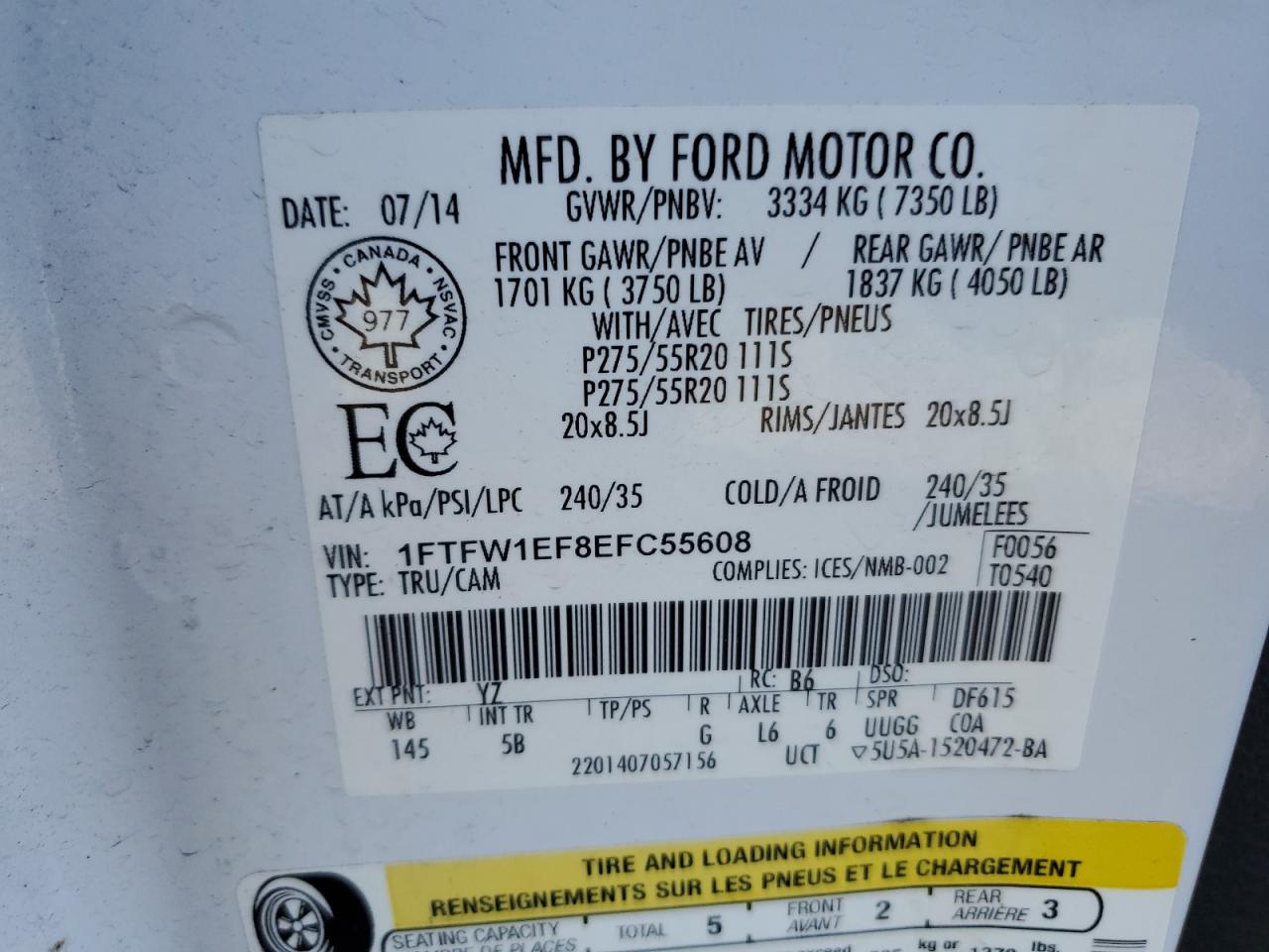 2014 Ford F-150 VIN 1FTFW1EF8EFC55608 Copart auction photo, front end damage thumbnail 14