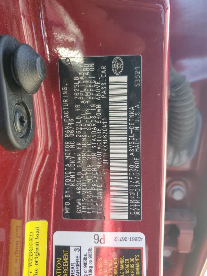 2017 Toyota Camry VIN 4T1BF1FKXHU620411 Copart auction photo, front end damage thumbnail 13
