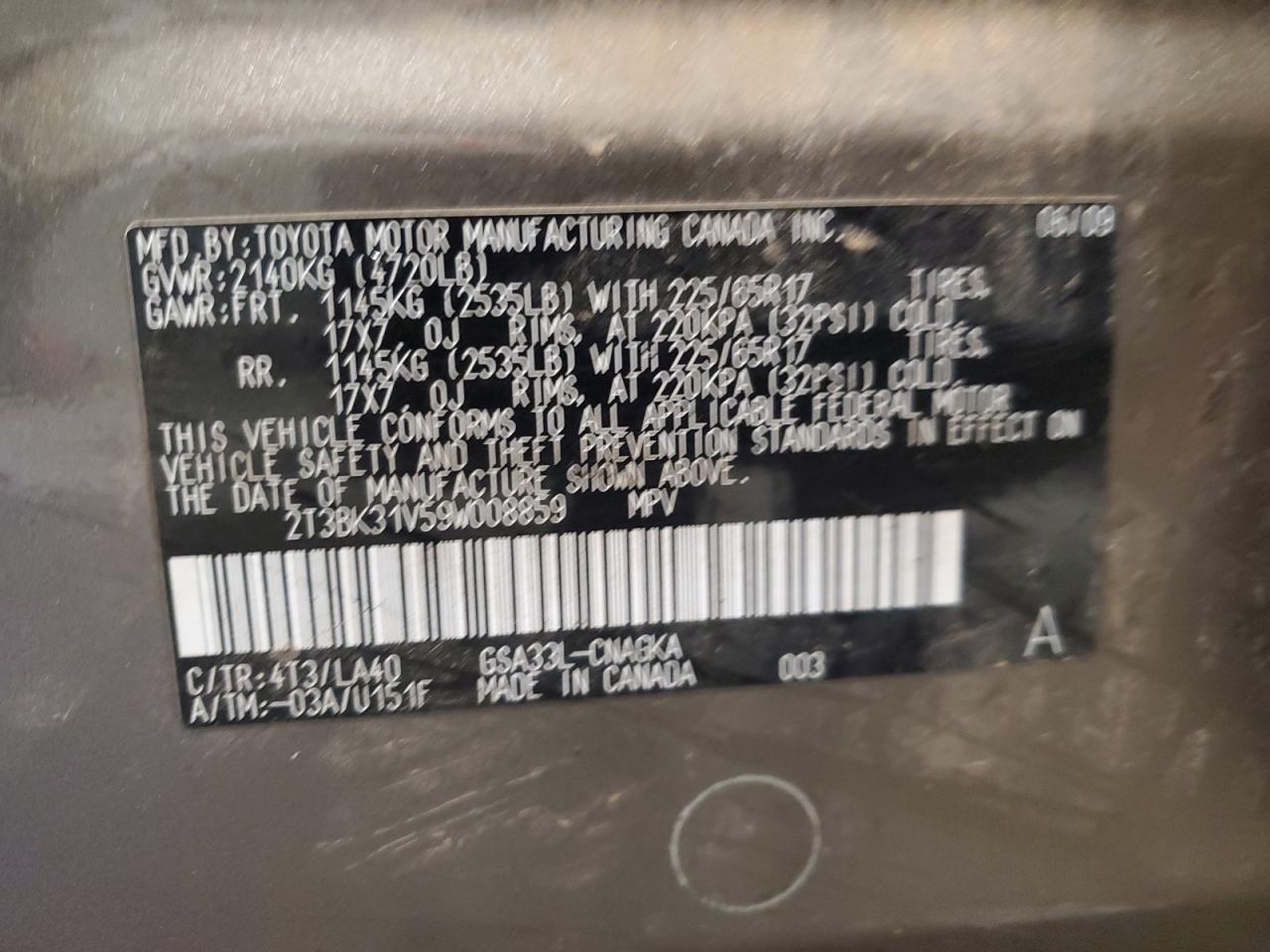 2009 Toyota RAV 4 VIN 2T3BK31V59W008859 Copart auction photo, front end damage thumbnail 13