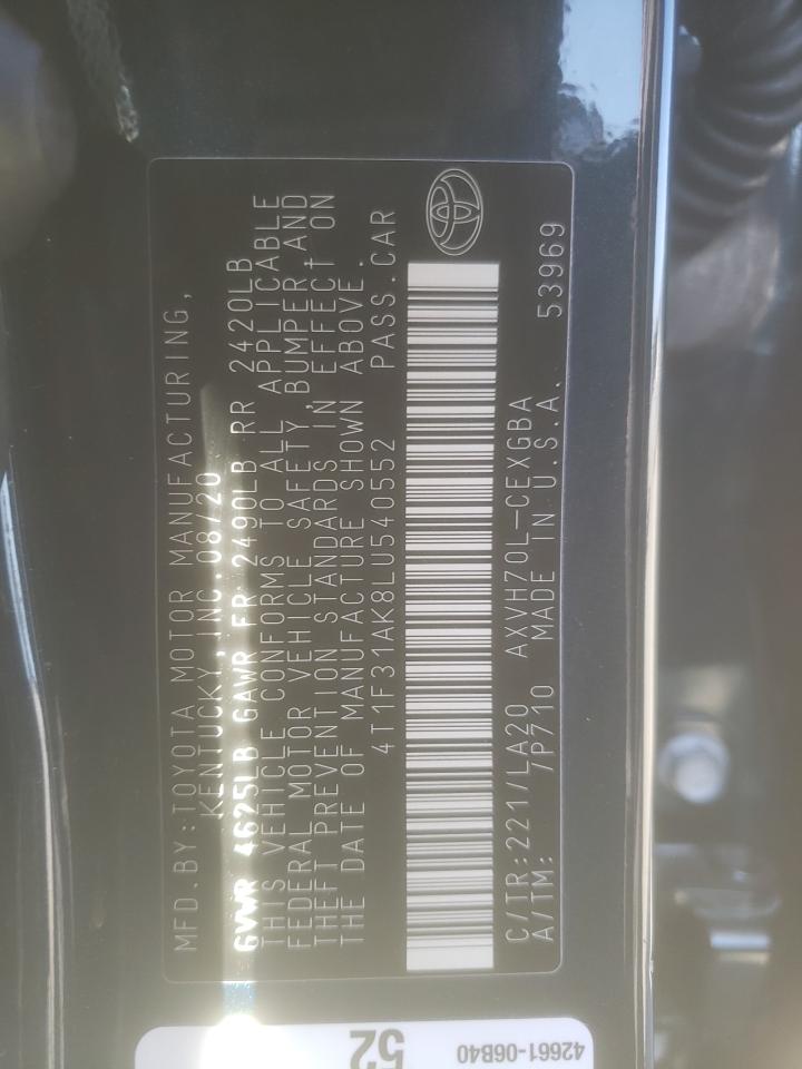 2020 Toyota Camry VIN 4T1F31AK8LU540552 Copart auction photo, front end / side damage thumbnail 12
