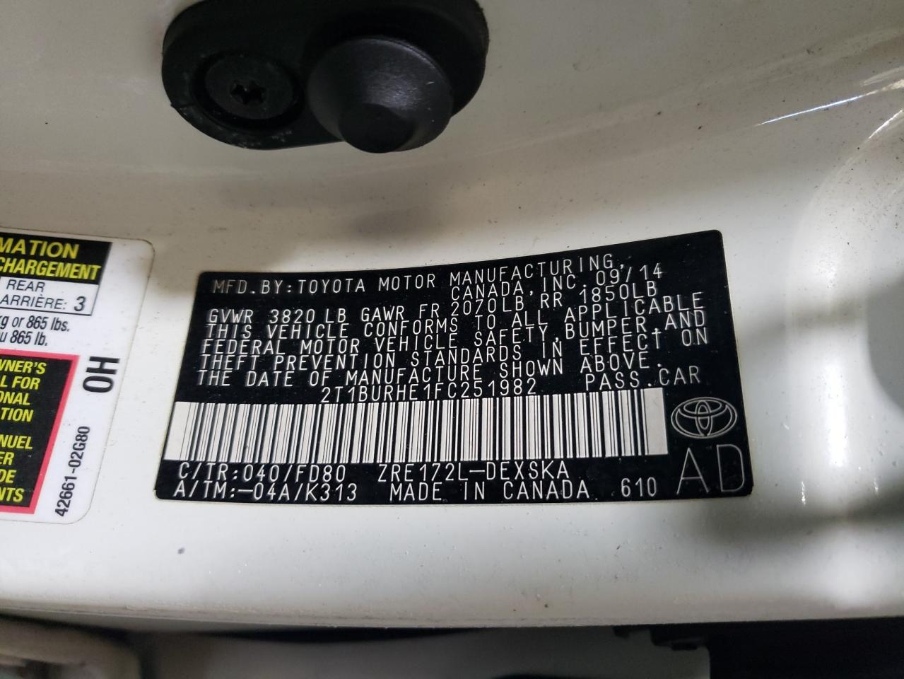 2015 Toyota Corolla VIN 2T1BURHE1FC251982 Copart auction photo, rear end / front end damage thumbnail 12