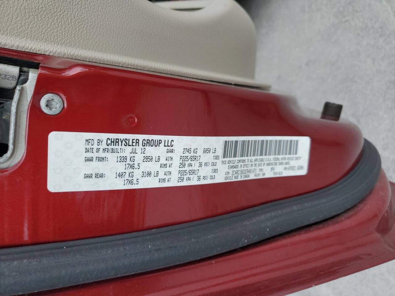 2012 Chrysler Town & Country VIN 2C4RC1BG3CR401471 Copart auction photo, side / minor dent/scratches damage thumbnail 13