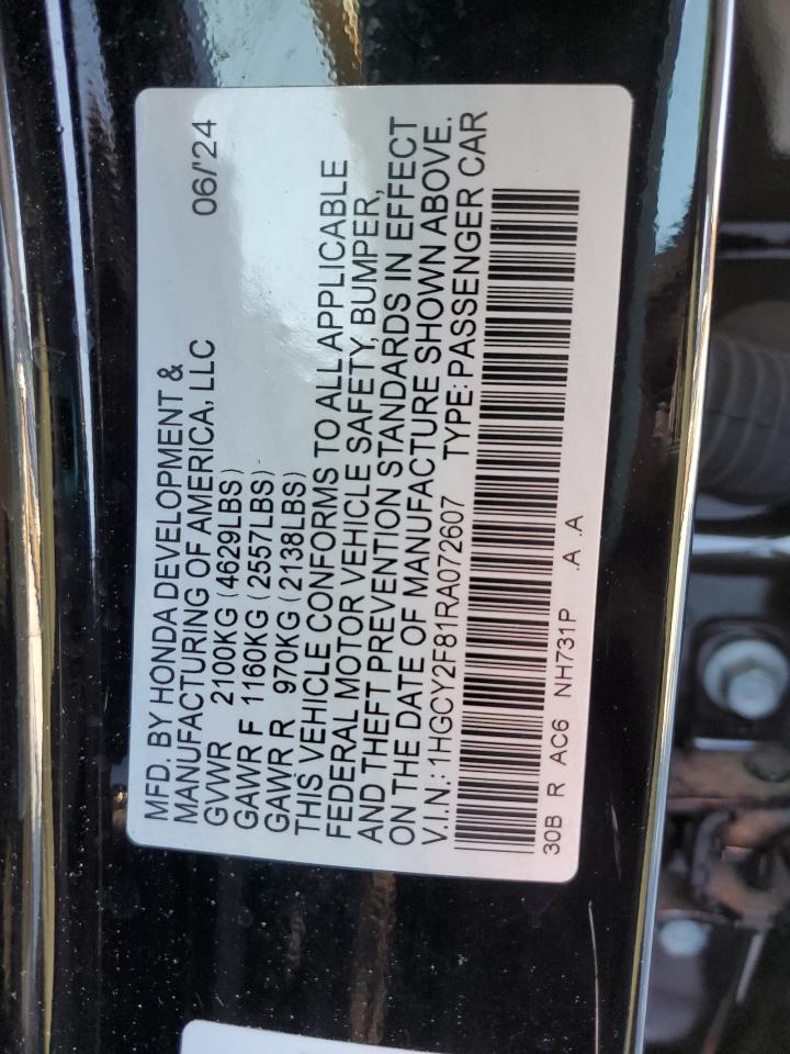 2024 Honda Accord VIN 1HGCY2F81RA072607 Copart auction photo, all over damage thumbnail 14