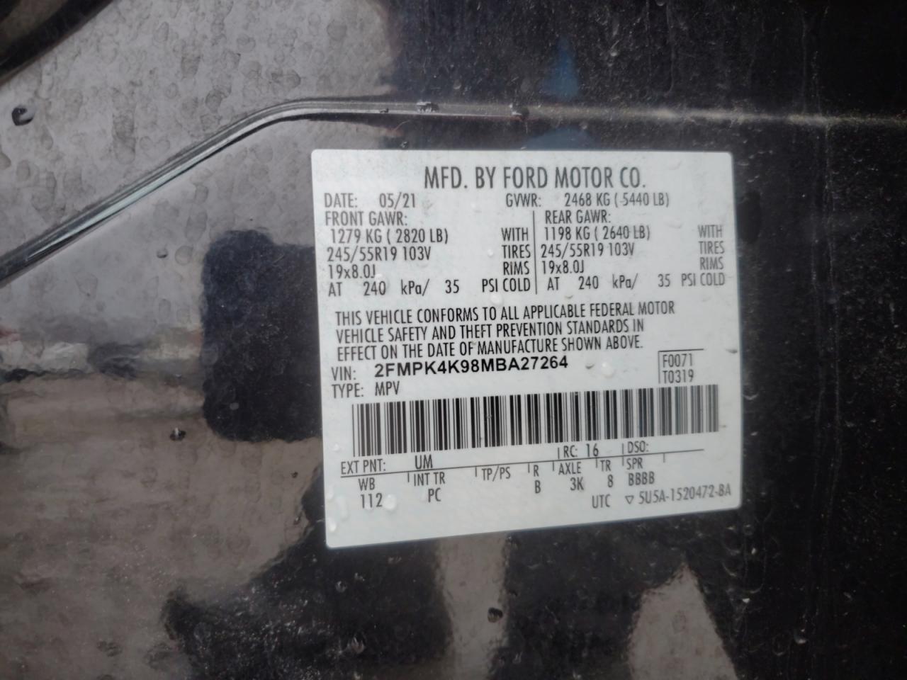2021 Ford Edge VIN 2FMPK4K98MBA27264 Copart auction photo, rear end damage thumbnail 13