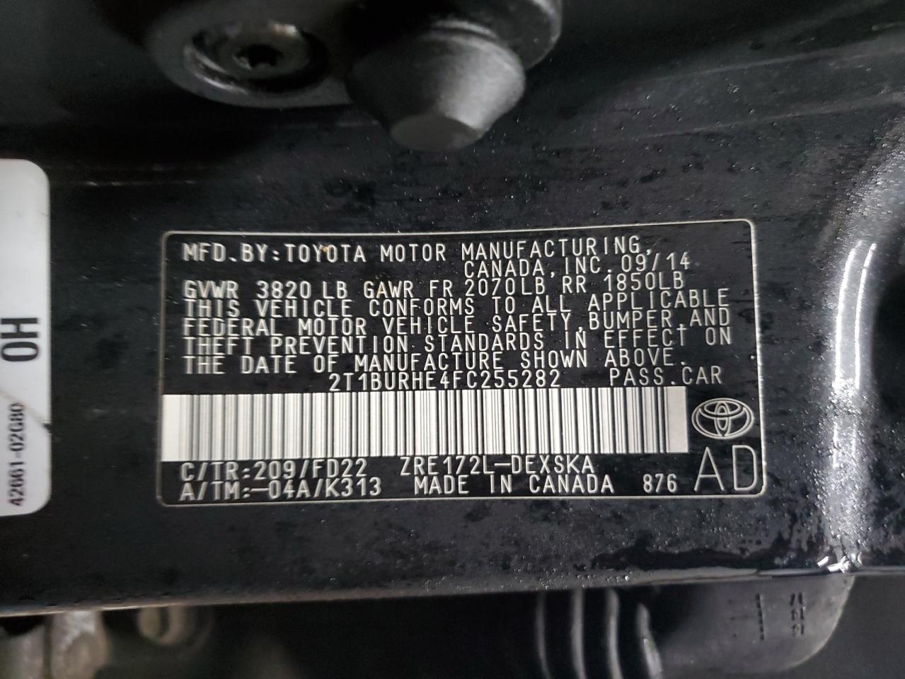 2015 Toyota Corolla VIN 2T1BURHE4FC255282 Copart auction photo, front end / undercarriage damage thumbnail 12