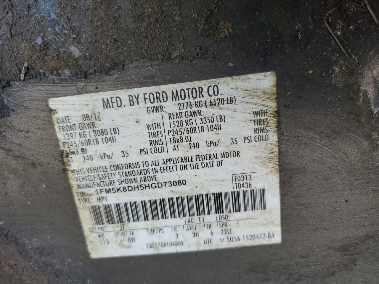 2017 Ford Explorer VIN 1FM5K8DH5HGD73080 Copart auction photo, burn / rollover damage thumbnail 12