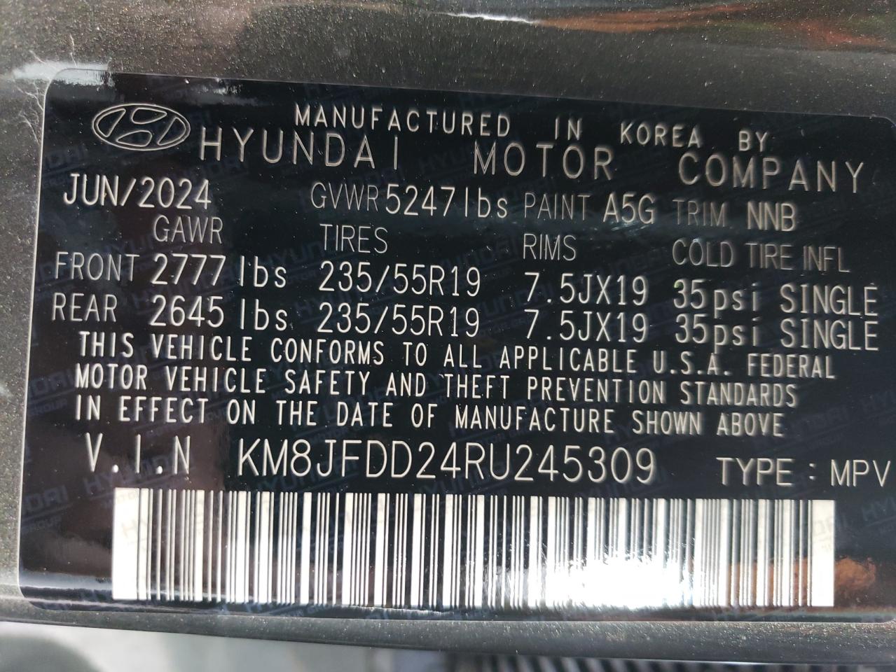 2024 Hyundai Tucson VIN KM8JFDD24RU245309 Copart auction photo, side / minor dent/scratches damage thumbnail 14