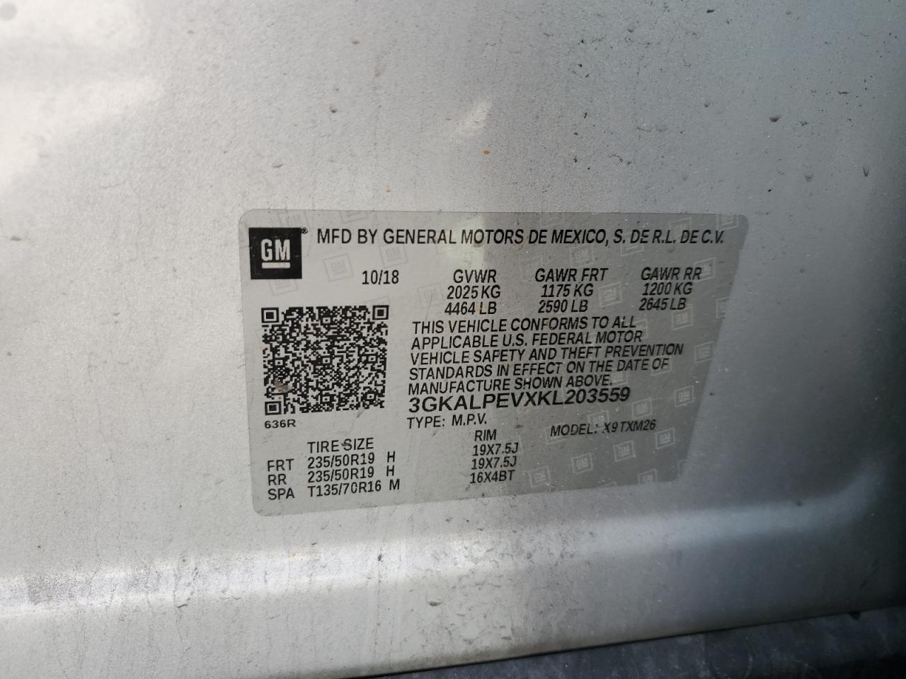 2019 GMC Terrain VIN 3GKALPEVXKL203559 Copart auction photo, front end / rear end damage thumbnail 15