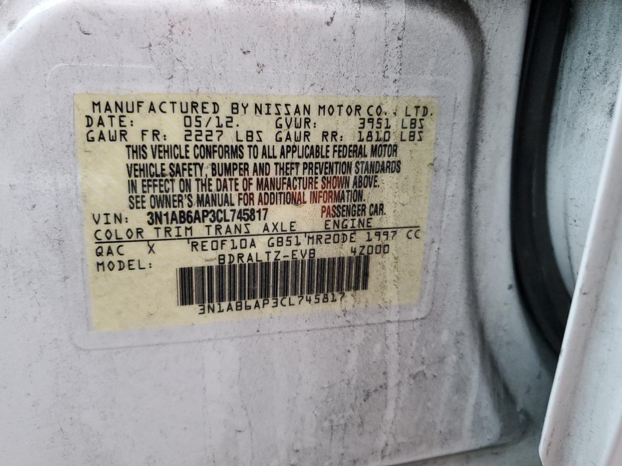 2012 Nissan Sentra VIN 3N1AB6AP3CL745817 Copart auction photo, front end / undercarriage damage thumbnail 12