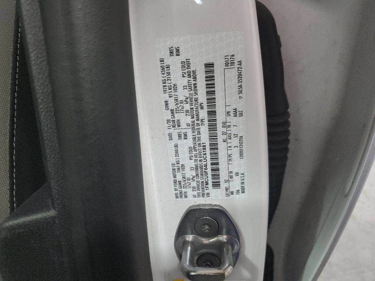 2020 Ford Escape VIN 1FMCU0F64LUC61881 Copart auction photo, front end / mechanical damage thumbnail 13