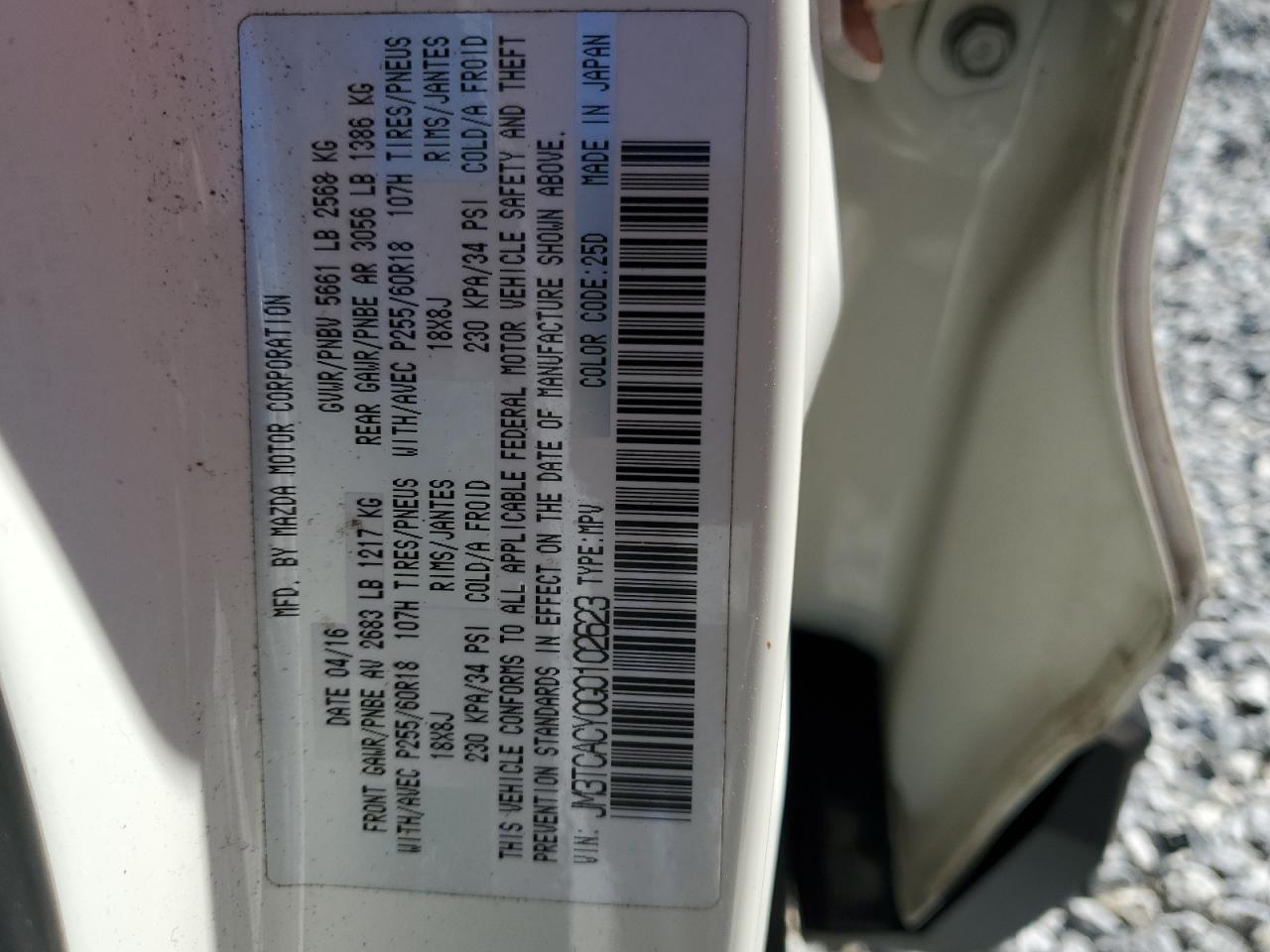 2016 Mazda CX-9 VIN JM3TCACY0G0102623 Copart auction photo, front end damage thumbnail 14