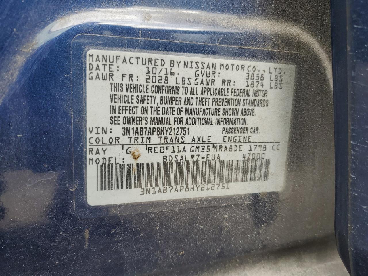 2017 Nissan Sentra VIN 3N1AB7AP8HY212751 Copart auction photo, all over damage thumbnail 13