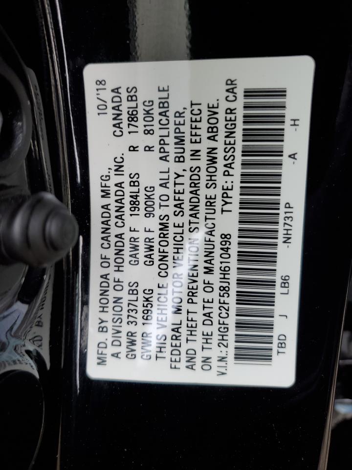 2018 Honda Civic VIN 2HGFC2F58JH610498 Copart auction photo, rear end damage thumbnail 14