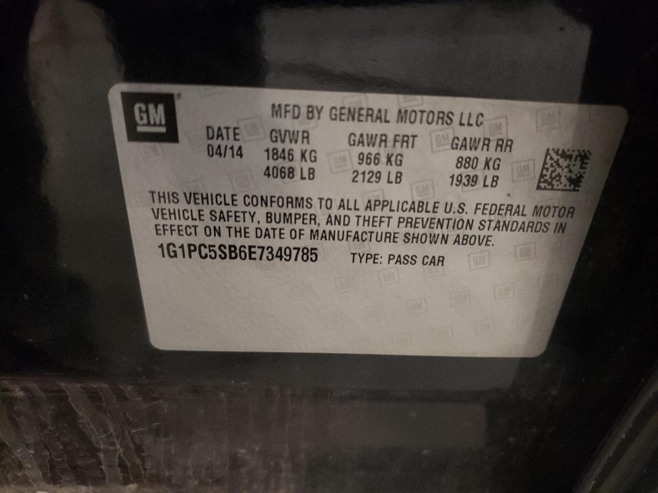 2014 Chevrolet Cruze VIN 1G1PC5SB6E7349785 Copart auction photo, front end / side damage thumbnail 14