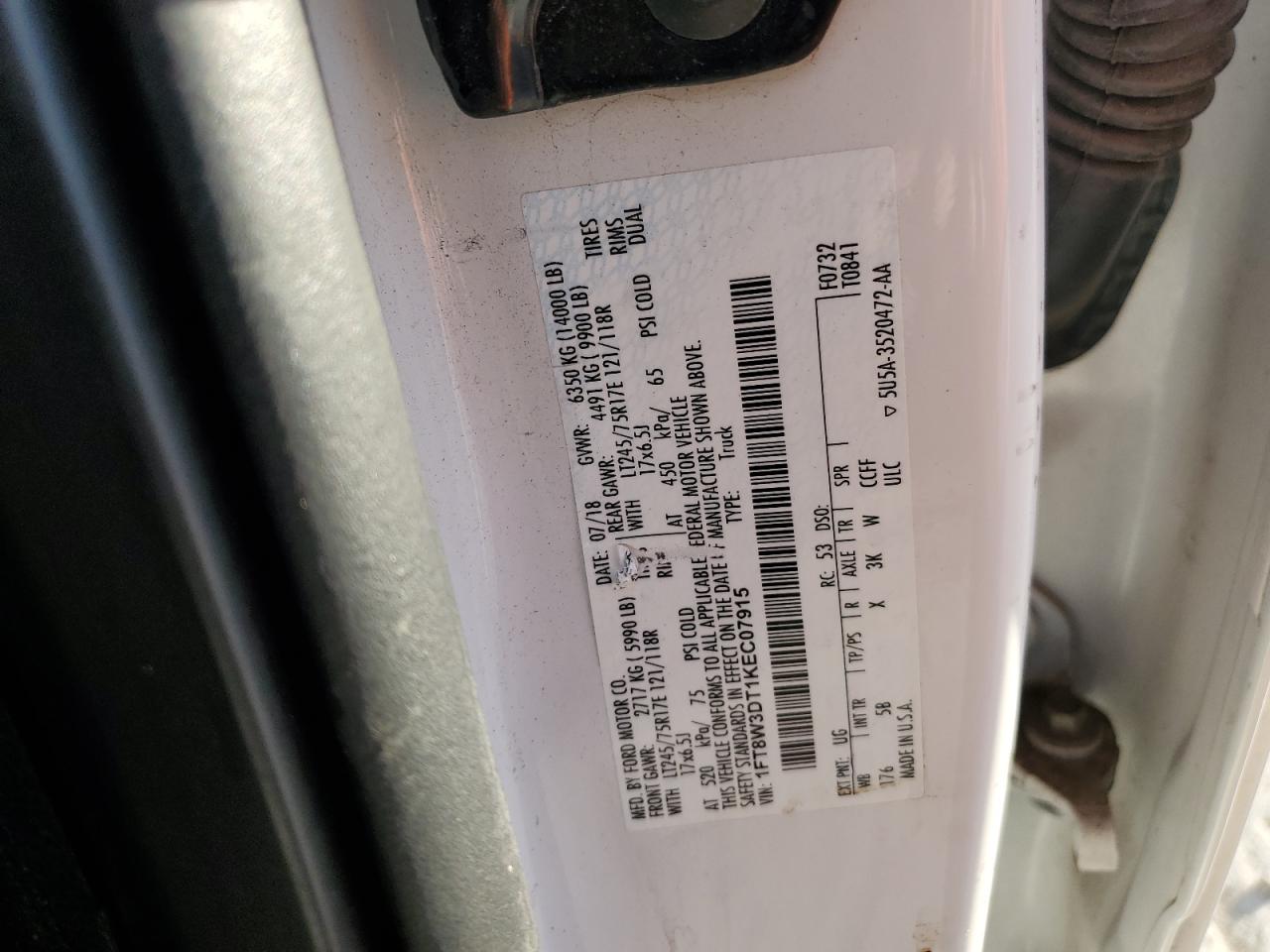 2019 Ford F350 VIN 1FT8W3DT1KEC07915 Copart auction photo, front end damage thumbnail 15