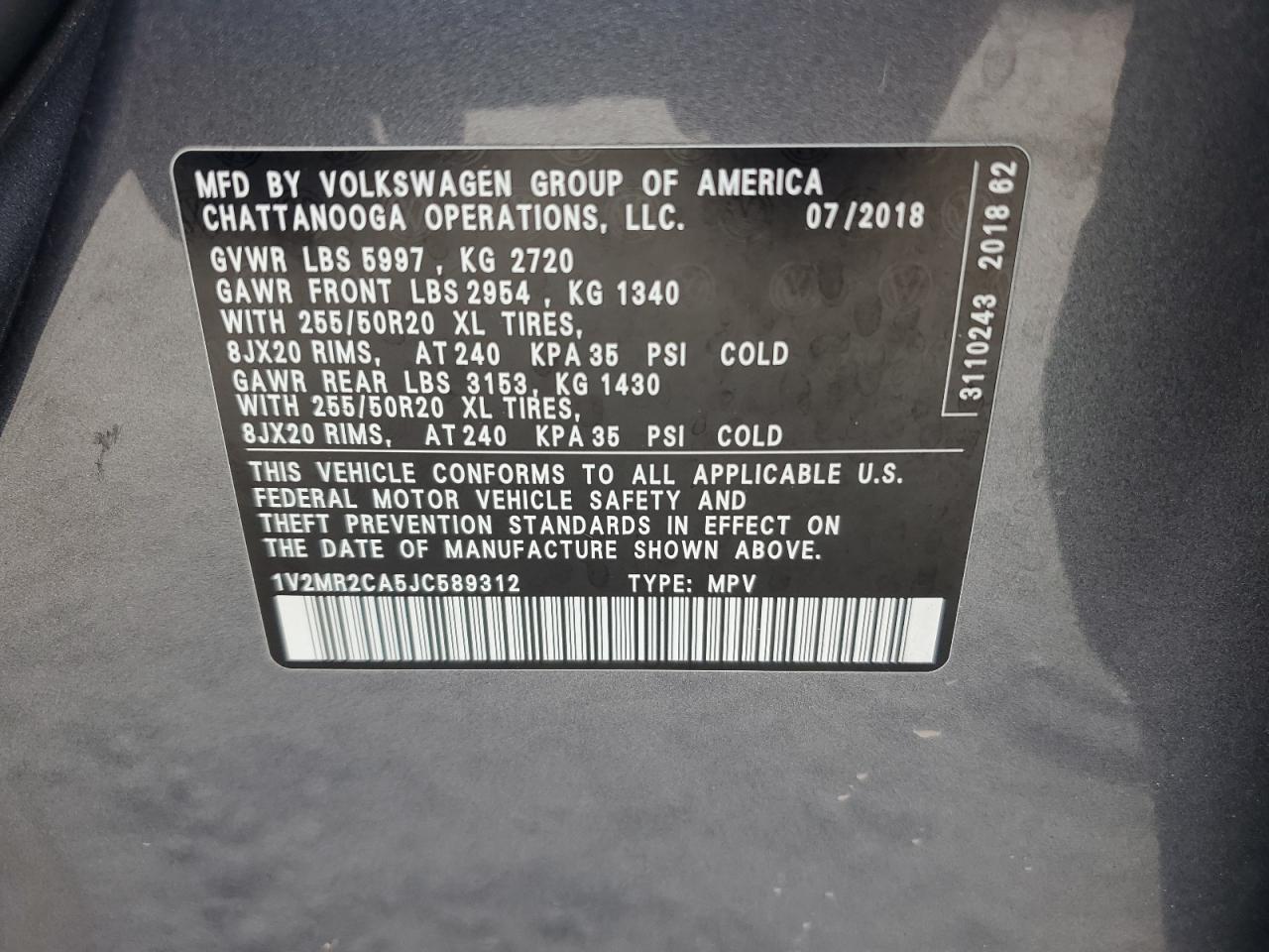 2018 Volkswagen Atlas VIN 1V2MR2CA5JC589312 Copart auction photo, mechanical / side damage thumbnail 14
